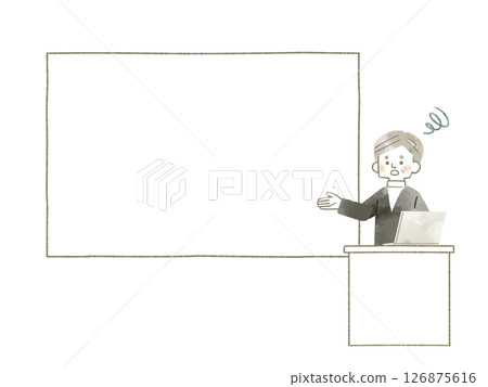 一位表情困惑的男士正在用螢幕或白板解釋某事物——水彩畫 126875616