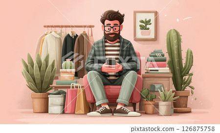 一幅時尚的市場風格插圖，描繪了一位男士在操作智慧型手機，周圍環繞著盆栽和購物袋 126875758