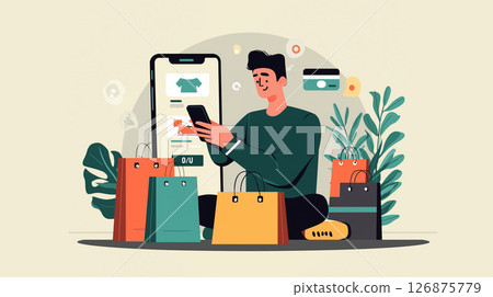 一幅時尚的市場風格插圖，描繪了一位男士在操作智慧型手機，周圍環繞著盆栽和購物袋 126875779