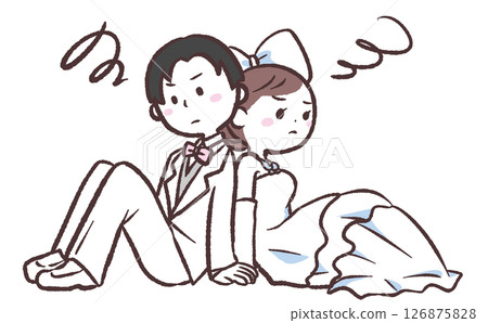 一對困惑的男女坐下來結婚的插圖 126875828
