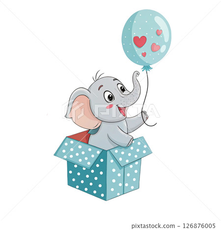 A cute little elephant sits on a gift box and holds a heart balloon. Valentine Clipart White Background 126876005