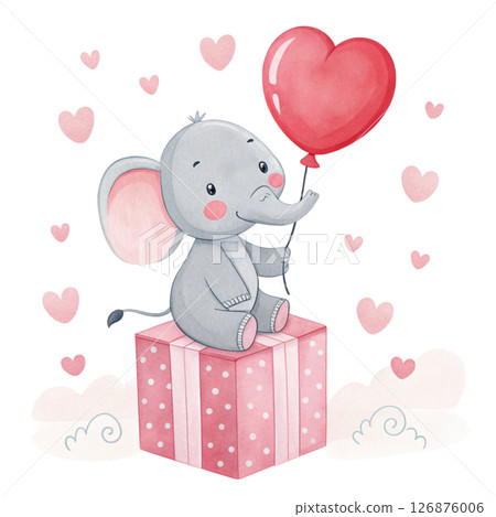 A cute little elephant sits on a gift box and holds a heart balloon. Valentine Clipart White Background 126876006
