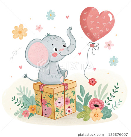 A cute little elephant sits on a gift box and holds a heart balloon. Valentine Clipart White Background 126876007