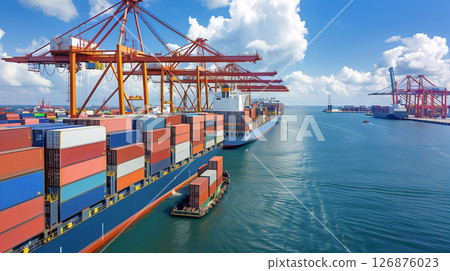 Logistics, container Cargo ship transportation with crane bridge in deep sea port for import export. 126876023