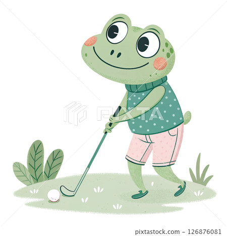 Cute frog  holding a golf club Minimal Clipart White Background 126876081