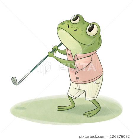Cute frog  holding a golf club Minimal Clipart White Background 126876082