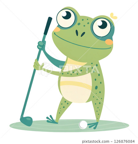 Cute frog  holding a golf club Minimal Clipart White Background 126876084