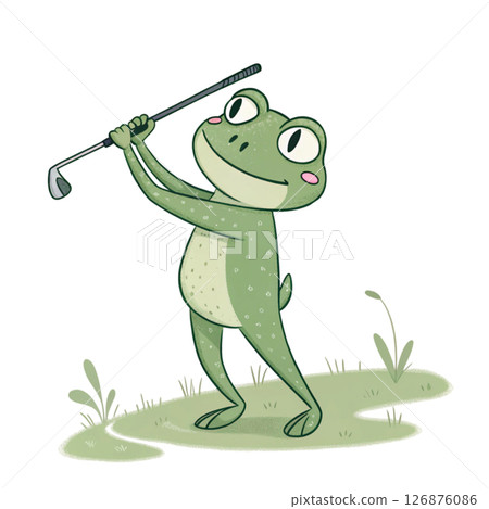 Cute frog  holding a golf club Minimal Clipart White Background 126876086