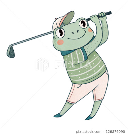 Cute frog  holding a golf club Minimal Clipart White Background 126876090