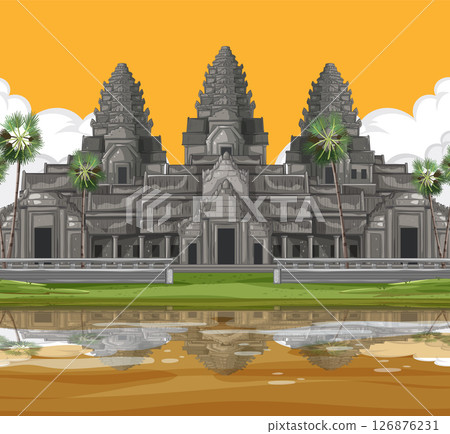 Angkor Wat Temple Vector Illustration with Reflection 126876231