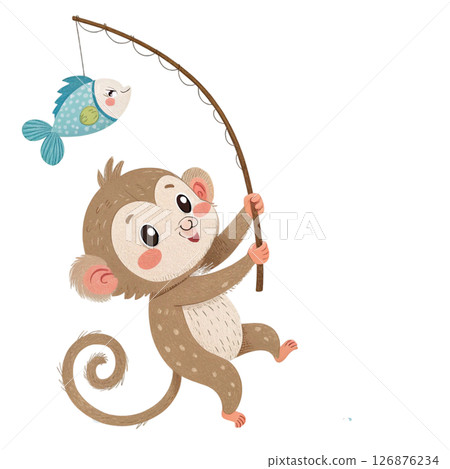 monkey Fishing with fish on the hook Minimal Clipart  White Background 126876234