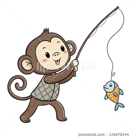 monkey Fishing with fish on the hook Minimal Clipart White Background monkey Fishing with fish on the hook Minimal Clipart White Background 126876244