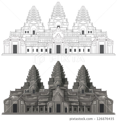 Intricate Angkor Wat Vector Illustration in Monochrome 126876435