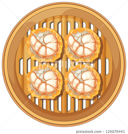 Steamed Dumplings in Bamboo Basket Illustration 126876441