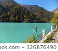 A sunken tree in the emerald-colored Takase Dam Lake 126876490