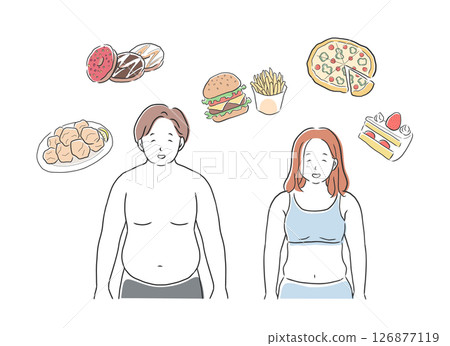 Illustration of a chubby man and woman who loves to eat Illustration of a chubby man and woman who loves to eat 126877119