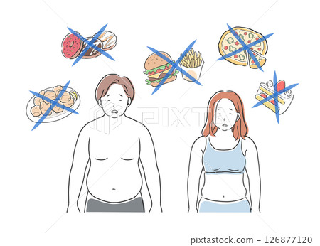 限制飲食的肥胖男性和女性的插圖素材 126877120