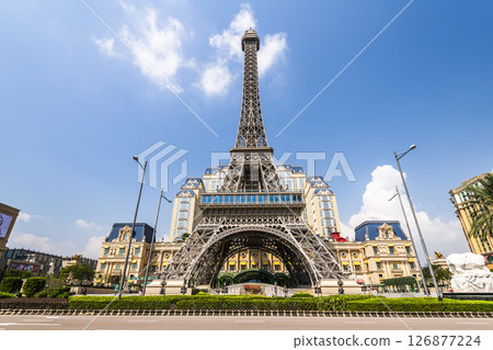 Beautiful view of the Eiffel Tower at Parisian Macao is a casino resort on the Cotai Strip in Macau, China owned by Las Vegas Sands. Beautiful view of the Eiffel Tower at Parisian Macao is a casino resort on the Cotai Strip in Macau, China owned by Las Vegas Sands. 126877224