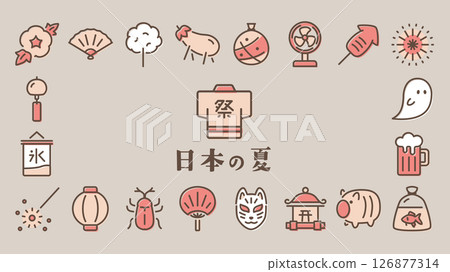 Showa retro Japanese summer icon set (Full HD 16:9 size) Showa retro Japanese summer icon set (Full HD 16:9 size) 126877314