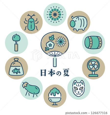 Showa retro Japanese summer round frame logo 126877316