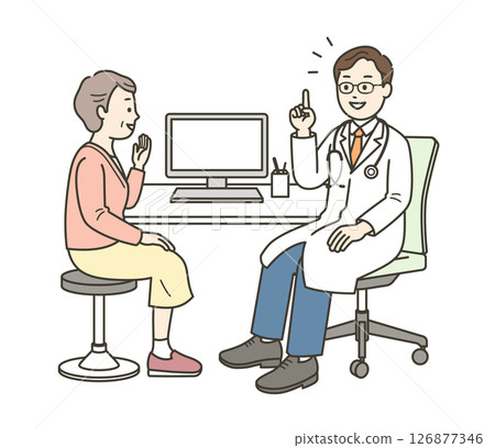 一名醫生與一位在醫院接受檢查的老年婦女交談的全身插圖 126877346