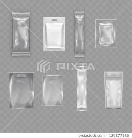 Transparent Blank Packaging Bag Mockup Set - Realistic Pouches. Vector 126877386