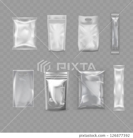 Transparent Blank Packaging Bag Mockup Set - Realistic Pouches. Vector Transparent Blank Packaging Bag Mockup Set - Realistic Pouches. Vector 126877392