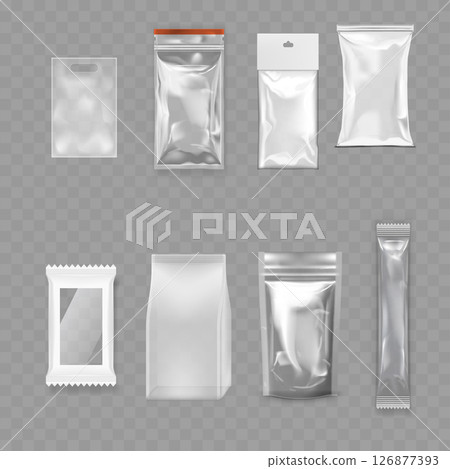 Transparent Blank Packaging Bag Mockup Set - Realistic Pouches. Vector Transparent Blank Packaging Bag Mockup Set - Realistic Pouches. Vector 126877393