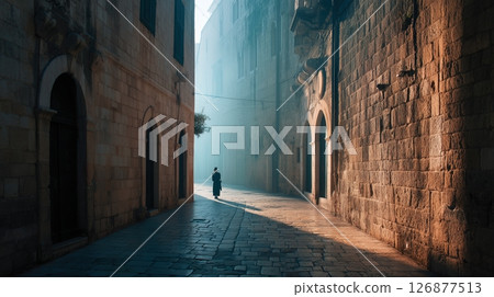 Solitary Stroll in the Morning Mist 126877513