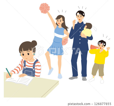 一家人為戴著耳塞準備考試的姊姊加油 126877855