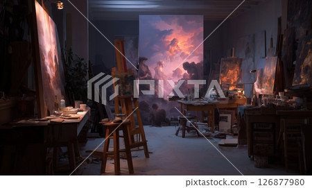 Atmospheric Artist Studio with Surreal Cloud Paintings Atmospheric Artist Studio with Surreal Cloud Paintings 126877980