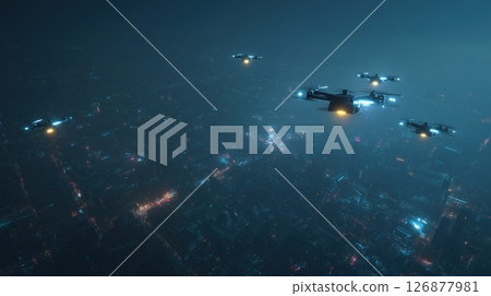 Autonomous Drones Flying Over Futuristic City Autonomous Drones Flying Over Futuristic City 126877981