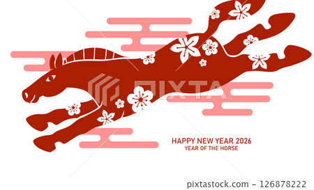 Stylized zodiac horse silhouette in paper cut style with plum blossoms pattern Stylized zodiac horse silhouette in paper cut style with plum blossoms pattern 126878222