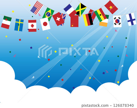 Background of world flags fluttering in the blue sky 126878340