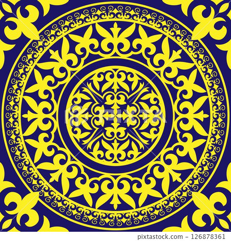 Luxury blue and yellow Oriental seamless square pattern with decorative circular damask ornament, arabesque and floral elements in retro style. Square tile. For ceramic, porcelain, embroidery, laser Luxury blue and yellow Oriental seamless square pattern with decorative circular damask ornament, arabesque and floral elements in retro style. Square tile. For ceramic, porcelain, embroidery, laser 126878361