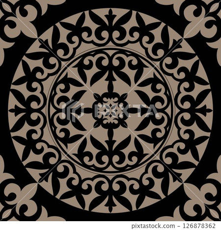 Luxury golden blue Oriental seamless square pattern with decorative circular damask ornament, arabesque, floral elements in oriental retro style. Square tile. For ceramic, porcelain, embroidery, laser Luxury golden blue Oriental seamless square pattern with decorative circular damask ornament, arabesque, floral elements in oriental retro style. Square tile. For ceramic, porcelain, embroidery, laser 126878362