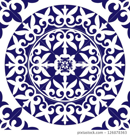 Seamless pattern in traditional style Portuguese tiles. Luxury blue and white seamless square pattern with decorative circular damask ornament, arabesque, floral elements. Ornament for ceramic tile. Seamless pattern in traditional style Portuguese tiles. Luxury blue and white seamless square pattern with decorative circular damask ornament, arabesque, floral elements. Ornament for ceramic tile. 126878363