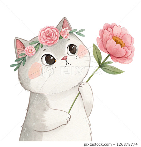 Cute cat wearing a crown of flowers clipart watercolor white background  126878774