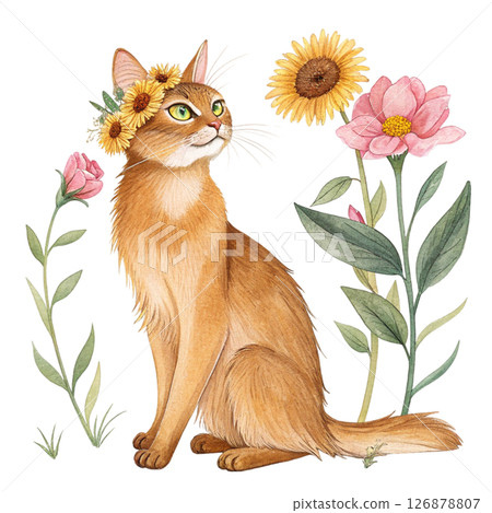 Cute cat wearing a crown of flowers clipart watercolor white background  126878807