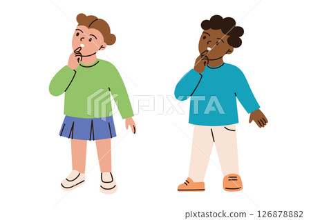 Flat cartoon vector illustration of school kids thinking, surprised and curious. Boy and girl looking at something, puzzled expressions, education, imagination, problem solving, learning process Flat cartoon vector illustration of school kids thinking, surprised and curious. Boy and girl looking at something, puzzled expressions, education, imagination, problem solving, learning process 126878882