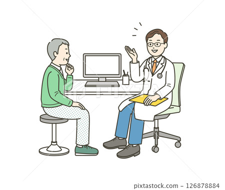 Full-body illustration of a doctor talking to an elderly man undergoing a medical examination at a hospital Full-body illustration of a doctor talking to an elderly man undergoing a medical examination at a hospital 126878884