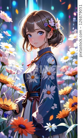 Woman standing in a flower field 126879051