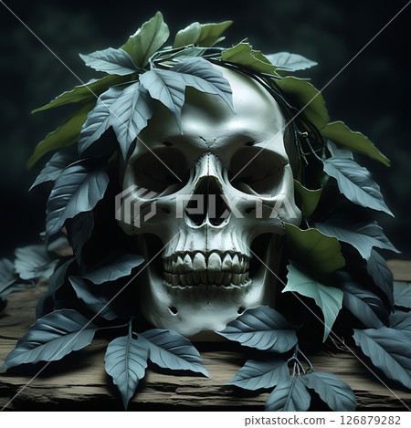 Haunting Skull Wrapped in Shadowy Leaves 25-4 126879282