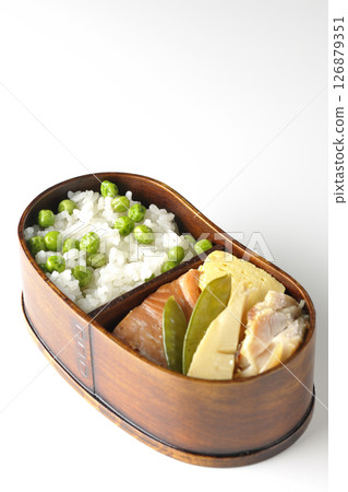 Bean and rice bento with plenty of side dishes photographed on a white background Bean and rice bento with plenty of side dishes photographed on a white background 126879351