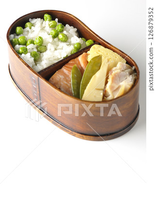 Bean and rice bento with plenty of side dishes photographed on a white background Bean and rice bento with plenty of side dishes photographed on a white background 126879352
