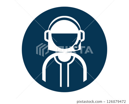 A round simple monochrome outline illustration icon of a call center staff member handling a phone call 126879472