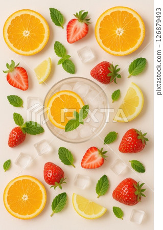 Flat lay of citrus and strawberry drink with ice cubes and mint leaves surrounded by fresh fruit on a white background. The image represents freshness, summer hydration and vibrant healthy ingredients Flat lay of citrus and strawberry drink with ice cubes and mint leaves surrounded by fresh fruit on a white background. The image represents freshness, summer hydration and vibrant healthy ingredients 126879493