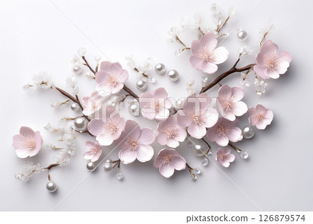 珍珠、鑽石和櫻花裝飾,白色 珍珠、鑽石和櫻花裝飾,白色 126879574
