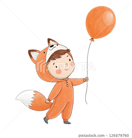 Kawaii Kids in Animal Costumes  Party Theme Clipart Watercolor white background 126879760