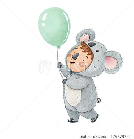 Kawaii Kids in Animal Costumes  Party Theme Clipart Watercolor white background 126879761